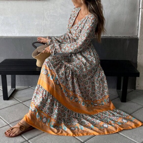 New Casual Patchwork Full Print Short Sleeve Dress Maxi Women Outfit Fall C - Picture 4 of 4